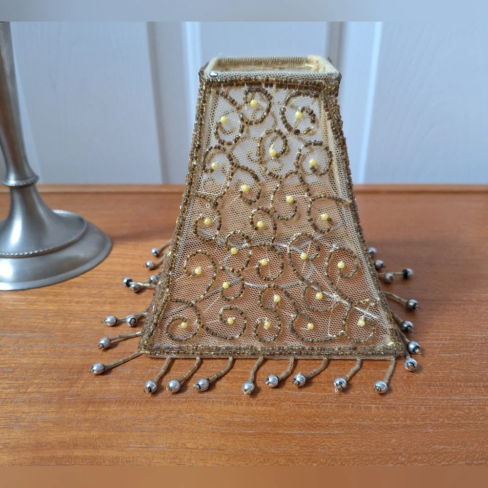 Vintage Pottery Barn Beaded Candlestick Holder Mini Lampshade Fringe Boho Glam